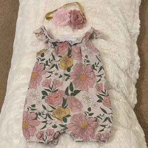 Catherine Malandrino Pink and Yellow Floral Romper headband set 3-6 mos